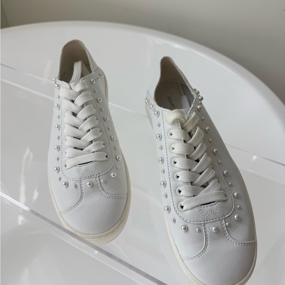 Stuart Weitzman Pearl-Studded Leather Sneakers